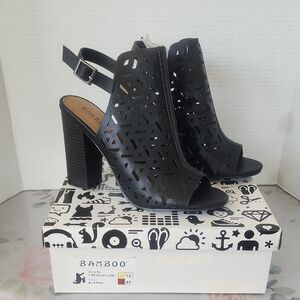 BAMBOO Black Cutout Peep-Toe Heels